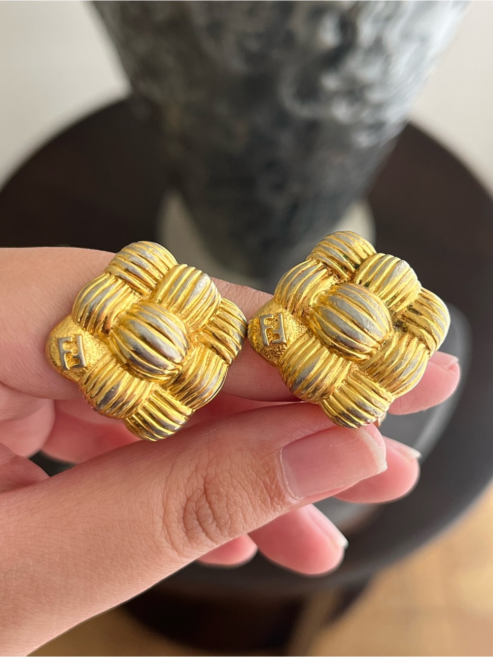 Authentic Vintage Fendi Croissant Rope Knot Square Gold-Tone Clip-On Earrings